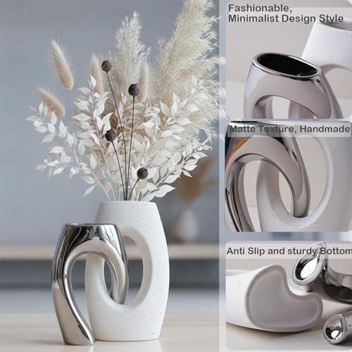 Ceramic Vase Set of 2 by DecoVlog, White and Silver Hollow Living Room Decor Vase, Minimalist Decorative Modern Boho Vase for Table Centerpiece Wedding Dining Living Room Office House Decoration - color: White&silver