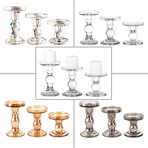 3-Piece Set of Glass Candlestick, Crystal Candlestick Holder Holder and Conical Candle, Christmas Candle Holder Decoration, Family Living Room Wedding Candle Holder (7 Colour) - color: 7 Colour