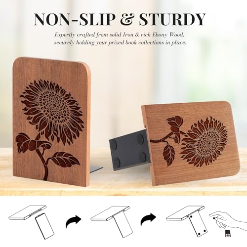 Sunflower Wood Bookends, Sunflower Gifts for Women Men Book Lovers, Novelty Bookends Unique, Heavy Duty Wooden Book Ends for Shelves Decorative(1 Pair, 4.72x6.69 Inches)