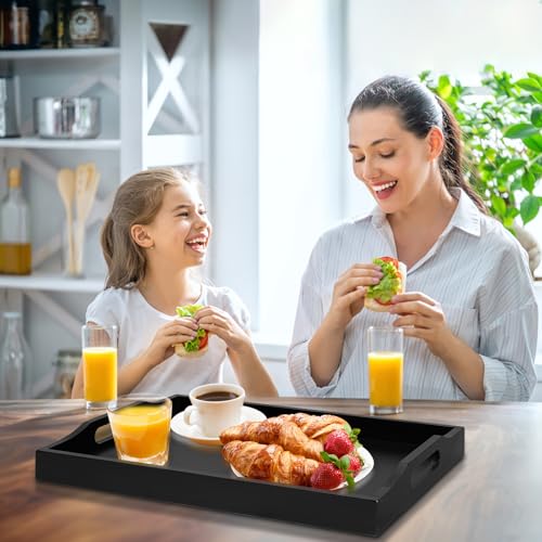 Bamboo Food Serving Tray with Handles, Breakfast Bed Tray for Tea,Snack,Dinner, Home Decorative Storage Food, Platter, Ottoman for Kitchen Counter, Bathroom, Restaurant (Black) - color: Black