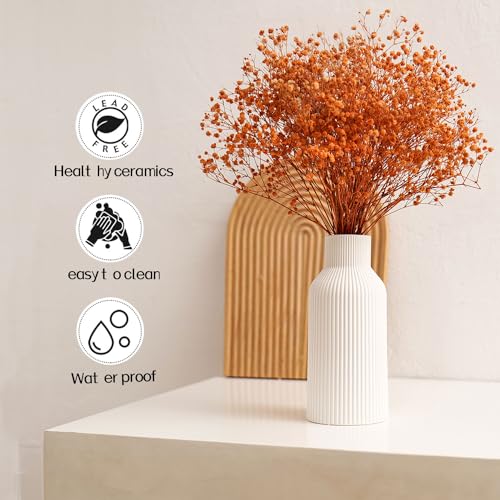 Bohemian White Ceramic Vase - for Pampas Grass, Mantel, Bookshelf, Entryway and Living Room Decor (White, 8in) - color: White, size: 8in