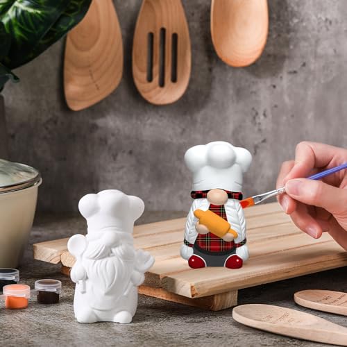 Seenelling 2 Pack Chef Gnome Ready to Paint Your Own Statues 4'' DIY Unpainted Ceramics Figurines Kit Blank Paintable Ceramics Art and Crafts Decorations - style: Chef Gnome