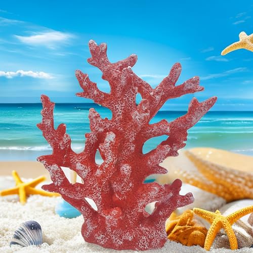 Etlemonde Beach Coastal Decor Coral Reef Home Decor Coral Statue Sculpture Home,Desk,Bathroom,Desktop Shelf Statue,Marine Themed Gifts - color: Red Coral