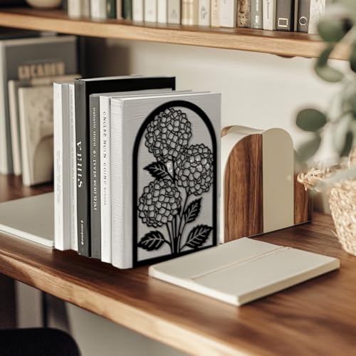 Peacoblue Metal Bookends for Shelves, Modern Decorative Heavy Duty Study Book Ends Stoppers for Office, Desk, Shelf, Room 5.3"x4.3"x7.9" Cast Iron Simple Tall Bookends 1 Pair (Hydrangea) - style: Hydrangea
