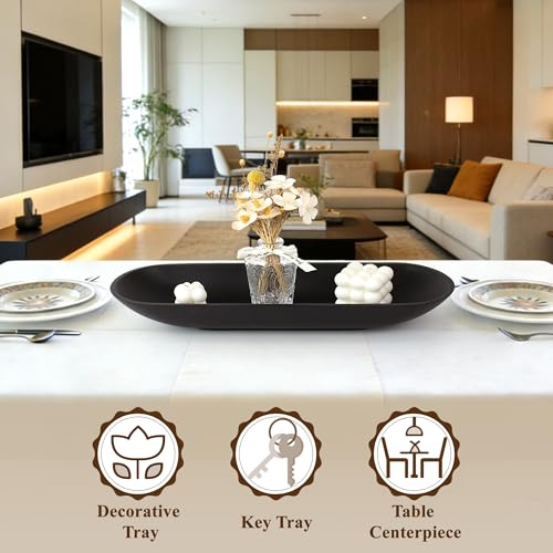 Enhanced Long Large Decorative Bowl for Home Decor - Long Dough Bowl for Table Centerpieces 17.72"W x 2.24"H - Black Minimalist Design Dough Decor Bowl for Coffee Table, Dining Table Centerpiece - color: Black, size: Extra Long