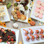 Elegant Plastic Serving Tray & Platter Set (6pk) - White & Gold Rim Disposable Serving Trays & Platters for Food - Weddings, Upscale Parties, Dessert Table, Cupcakes - 8 x 12.85 inches - color: White + Gold (6 Pk)