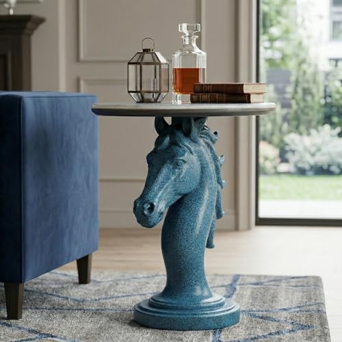 Luxury Horse Statue Round Side Table - 24" Faux Marble Top End Table, Luxury Resin Animal Sculpture Pedestal, Unique Artistic Accent Table for Living Room, Bedroom & Office, Navy Blue - color: Blue Horse