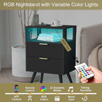 JOONEE Black Nightstand with Charging Station and LED Lights,Modern Bedside Table with 2 Storage Drawer and Open Wood Shelf, for Bedroom and Small Spaces,Night Stand with Solid Wood Legs,Black - color: Black