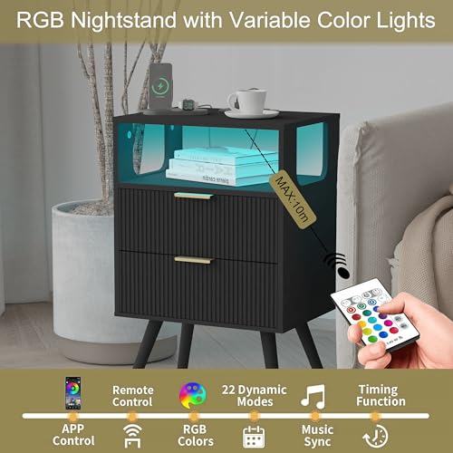 JOONEE Black Nightstand with Charging Station and LED Lights,Modern Bedside Table with 2 Storage Drawer and Open Wood Shelf, for Bedroom and Small Spaces,Night Stand with Solid Wood Legs,Black - color: Black