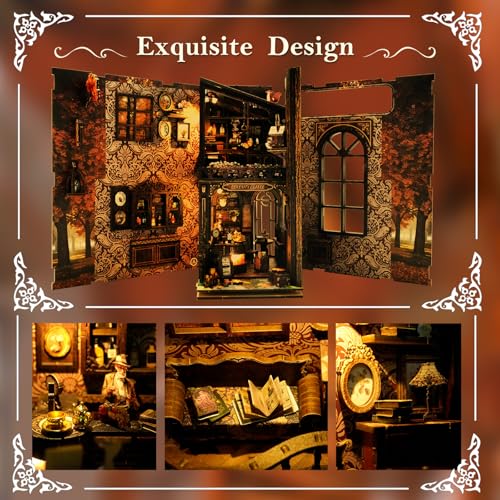 DIY Book Nook Kit Wooden Bookshelf Miniature Serenity Coffee House Kit 3D Wooden Puzzles Bookends Miniature House Kit Book Nook Bookshelf Insert Decor with LED Lights Wood Crafts for Adults