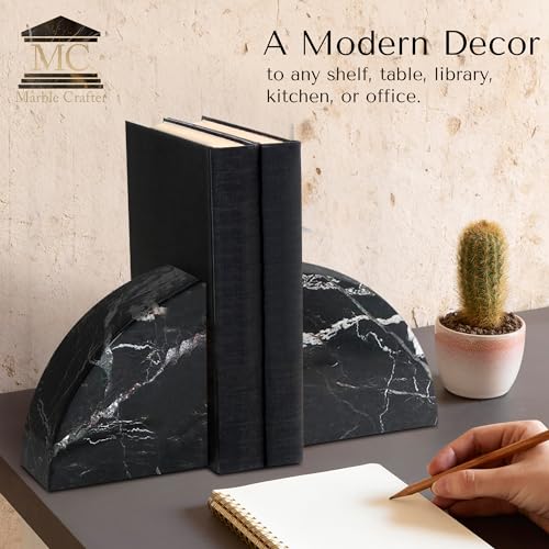 Modern Wedge Shaped Marble Bookends – Hand Carved, Polished Stone Bookends w/Non Slip Rubber Pads – Lightweight & Compact Decorative Bookends - Versatile, Luxury Book Organizer for Shelf & More - color: Black Zebra