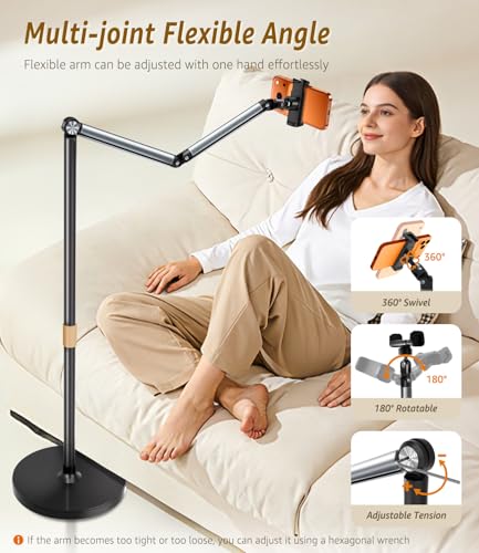 Phone Floor Stand, Cell Phone Stand with Flexible Arm for Bed, 69" Height Adjustable iPhone Stand, Stable Overhead Tripod with 360°Rotatable Phone Holder & Remote for Recording, Sofa, Desk