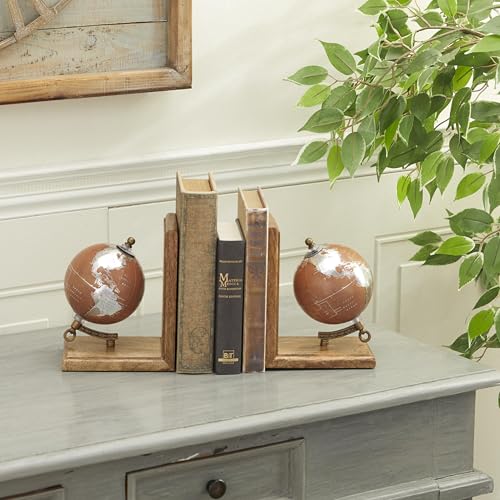 Deco 79 Wood Decorative Bookends Globe Non Skid Bookends, Set of 2 Office Bookends7", 7"H, Brown