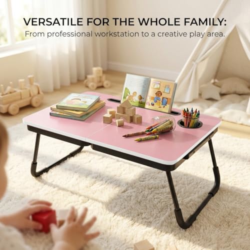 BUYIFY Foldable Laptop Bed Desk for Couch, Sofa - Large Lap Desk Tray Table with Cup Holder and Tablet Slot - Portable Notebook Stand for Eating, Writing, Studying and WFH (Pink) - color: Pink