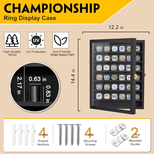 Championship Ring Display Case, 36 Ring Posts Sports Ring Display Case Wooden Shadow Box for Baseball Basketball Football Softball Award Rings Fan Souvenirs