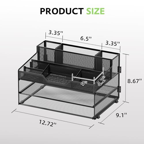 SUPEASY 3 Tier Desk Organizer, Mesh Letter Tray Paper Organizer with 5 Adjustable Storage Compartments & Pen Holder, Metal Desk Accessories for Home Office School, Black - size: 13.6" x 9.4" x 2.3"