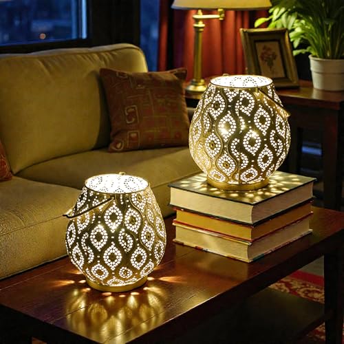 TRIROCKS Set of 2 Moroccan Decorative Lamps 8'' High Battery Powered Cordless Lamp Metal Table Lamps with Fairy Lights Bulb for Home Living Room Garden Yard Party Events Tabletop Indoor Outdoor(White) - color: White