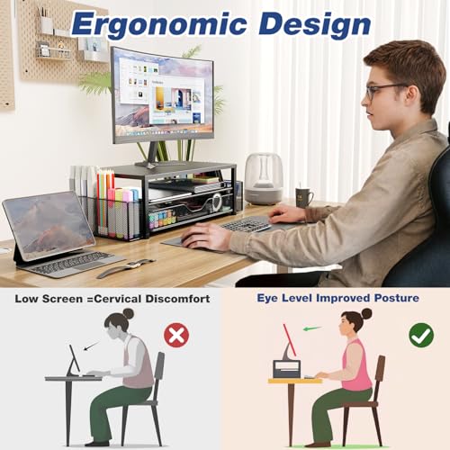 OPNICE Desk Organizer and Accessories, 2-Tier Computer Monitor Stand Riser with Drawer and 2 Pen Holders, Laptop Stand, Office Desk Accessories for Office Supplies, Black - color: Black 1-Pack