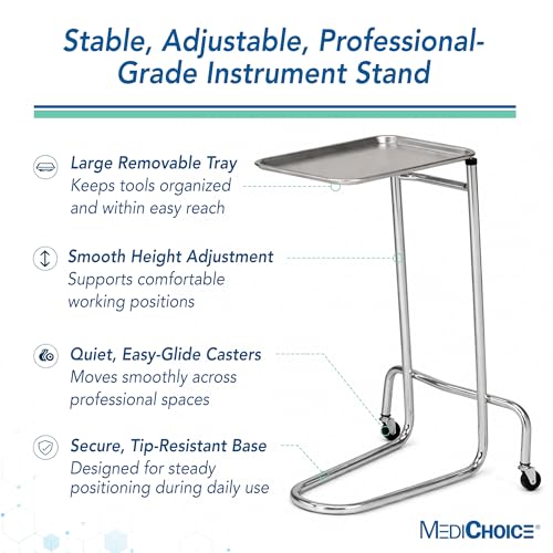 MediChoice Mayo Portable Adjustable Tray Steel Premium Instrument Stand Medical Dental Salon Tattoo Esthetician Mobile Service Cart Table Station Height 34-54 Inch MAYO1201