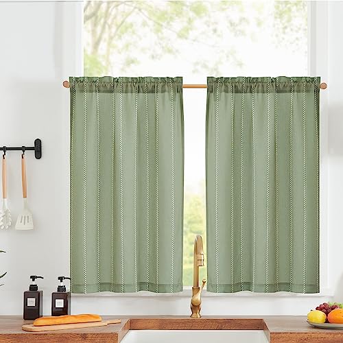 jinchan Nautical Striped Linen Kitchen Curtains 24 Inches Farmhouse Tier Cafe Curtains for Living Room Bathroom Laundry RV Rustic Half Window Light Filtering 2 Panels Green - color: Nautical Striped Green, size: 26"W x 24"L (Pack of 2)