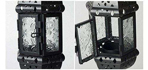 2PCS Moroccan Decorative Candle Lantern Metal Hanging Tealight Candlestick Holder Glass Indoor Outdoor LED Flameless Candle Holder 13.8 inches Chain (Black) - color: Black