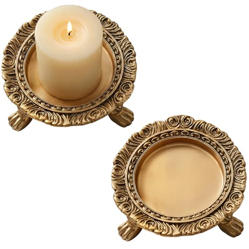 2 Pack Brass Color Candle Holder Pedestal Dish Stand Gold Vintage Tray Clawfoot Plate Decor for Jewelry Wax Ring Trinket