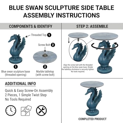 Luxurious Swan Side Table - 20" Premium Faux Marble Accent Table with Hand-Finished Resin Swan Statue Base - High-End Round End Table for Upscale Living Room, Master Suite - Tool-Free - color: Blue Swan