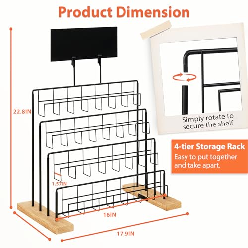 Greeting Card Display Stand, 4-Tier Greeting Card Organizer for Cards, Postcard, Photos, Brochure, Sticker, Trading Cards, Metal & Wooden Retail Display Rack for Vendors Counter Retail (Black) - color: Black