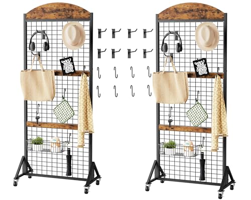 CHOEZON Grid Wall Panel 5.7' x 2' FT Grid Display Rack, 2 Pack Movable Gridwall Display Stand with 8 S-Shaped Hooks and 8 Garment Hooks, Floorstanding Wire Grid Rack, Rustic Brown and Black TCJ17P2BF - color: Rustic Brown and Black