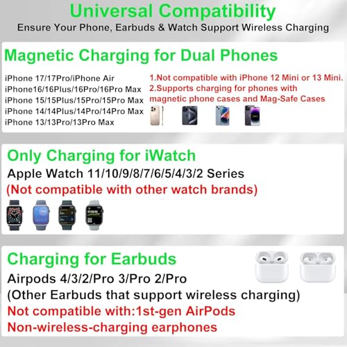 Dual Phone Wireless Charging Station for Apple Devices, Magnetic Charging Station for iPhone with Auto Switch 7-Color Light&Clock,Family Watch Charger for iPhone17 for iWatch11 for AirPods Pro3(Purple - color: Purple