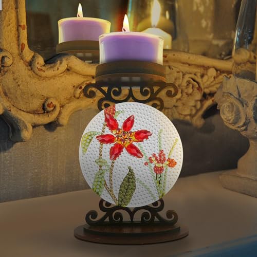 BAYUNOE DIY Candlestick Holders Wooden Desktop Diamond Art Painting Candle Holder Double-Sided Diamond Vintage Modern Decorative for Table Mantel Wedding Dinning Party-Flower - color: Flower
