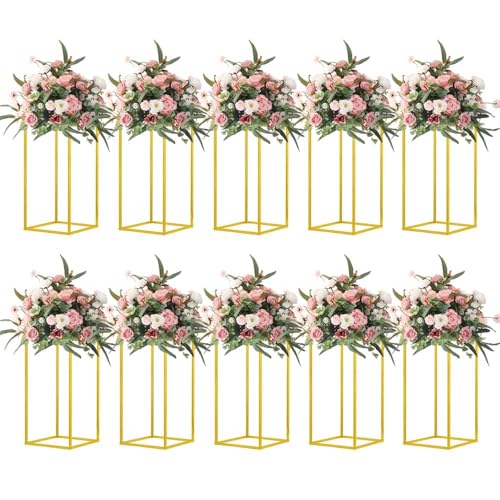 10 Pcs 15.75inch Gold Wedding Flower Vase Metal Column Flower Stand, Geometric Centerpieces Vase for Table, Home Party Wedding Decorations - size: 15.75 Inches - 10 pcs