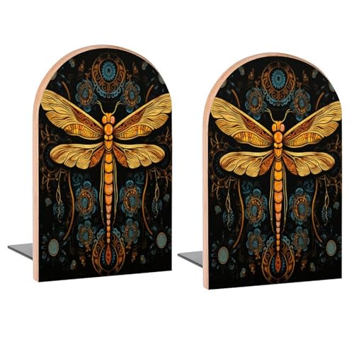 Mandala Dragonfly Book Ends Decorative Wood Bookends for Shelves Kids Room Desk Home Office Book Stoppers for Magazines,Books, DVDs, 1 Pair/2 Pieces(5x3.1 in)