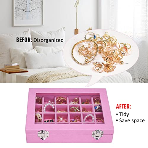 Vicoter Velvet Jewelry Box 24 Grid Jewelry Ring Display Organiser Box Tray Holder Earrings Storage Case for Girls Wife Mom Women (Pink) - color: Pink