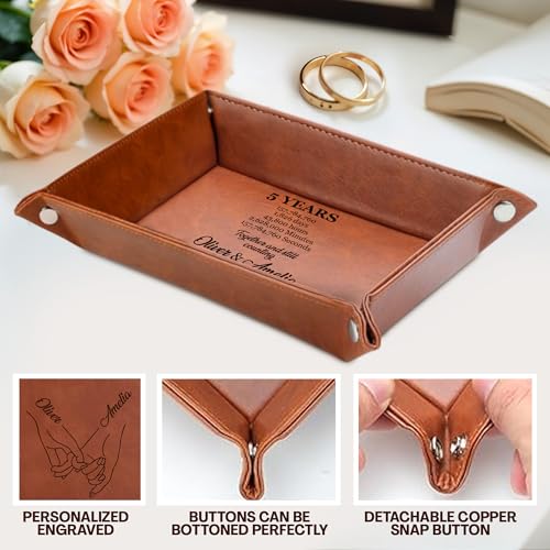 Engraved Leather Tray with Custom Name, Personalized Anniversary Idea for Him and Her, Jewelry Organizer Tray for Dresser, Desk, Nightstand, Office Keepsake Box for Men, Husband - style: Anniversary