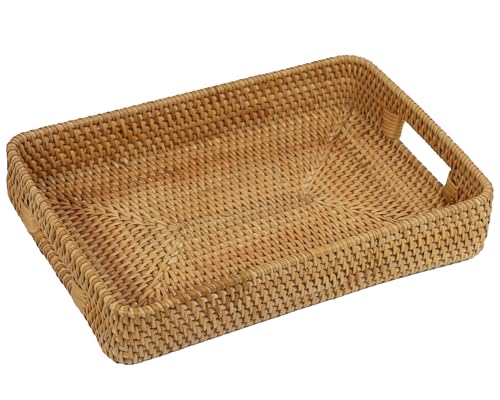 Rattan Serving Tray, Rectangle Coffee Table Tray with Handles, Decorative Ottoman Tea Tray Wicker Basket for Coffee, Bread, Fruits, Snacks, Breakfast, Drinks, Table Decor - size: 15" x 10.2" x 2.6"