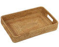Rattan Serving Tray, Rectangle Coffee Table Tray with Handles, Decorative Ottoman Tea Tray Wicker Basket for Coffee, Bread, Fruits, Snacks, Breakfast, Drinks, Table Decor - size: 15" x 10.2" x 2.6"