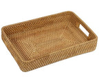 Rattan Serving Tray, Rectangle Coffee Table Tray with Handles, Decorative Ottoman Tea Tray Wicker Basket for Coffee, Bread, Fruits, Snacks, Breakfast, Drinks, Table Decor - size: 15" x 10.2" x 2.6"