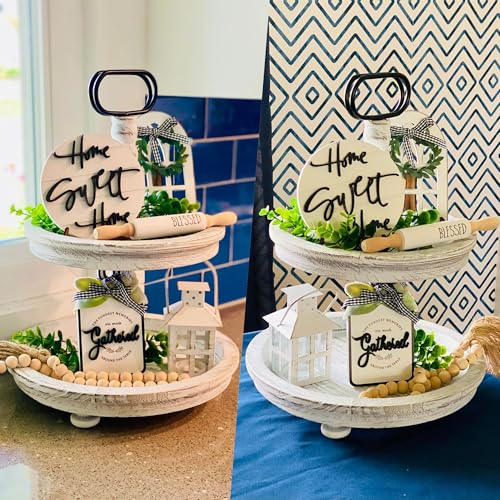 Houmury Set of 17 Farmhouse Tiered Tray with 1 Lantern Artificial Plant& Cutting Board Sign for Rustic Home Sweet Home Kitchen Decor Tier Tray Decor Set