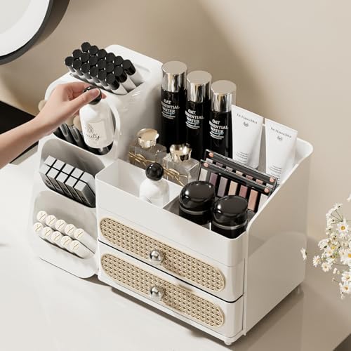 Booklov Makeup Organizer for Vanity, Large Capacity Cosmetic Display Case with Drawers, Countertop Beauty Storage Holder for Skincare, Brush Eyeliner Perfume Eyeshadow Lipsticks, Counter Desk, White - color: White, size: L01