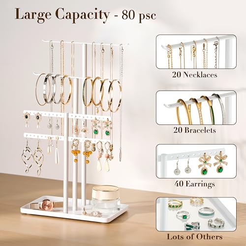 pickpiff Jewelry Stand Organizer, 14.5" Tall Sturdy Metal, 3-TierJewelry Holder for Necklace, Earring, Bracelet, Ring, Hanger for Display and Storage, Aesthetic Room Decor, White - color: White, size: 14.5" Height