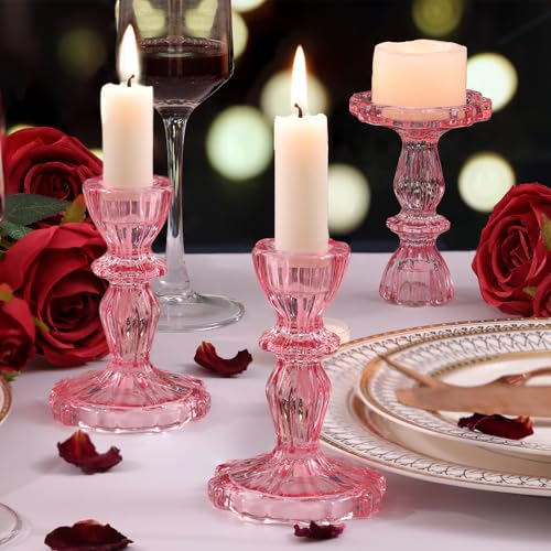 12pcs Taper Candle Holders, Candlestick Holders, Glass Candle Holder - Vintage Flower Design Candle Holders for Wedding, Baby Shower & Mother's Day Decorations (Pink) - color: Pink