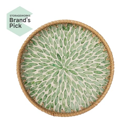 StorageWorks Decorative Coffee Table Trays for Home Decor, Round Rattan Tray with Mother of Pearl Inlay, Small Wicker Woven Serving Tray Decor for Kitchen Counter, Living Room and Ottoman, Green - color: Green Leaf, size: 11.8"