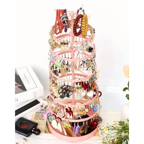 17Dec 6 Tier Rotating Jewelry Organizer Stand, 230 Holes Earring Holder Organizer for Women Girls, Spinning Earring Tree with Ring Holder, Wide Base for Bracelets Watches Lipstick - color: Metal,6-Tier,Pink