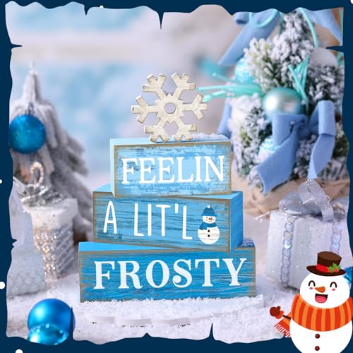 Yuntau 4 Pcs Winter Wooden Tabletop Decor Christmas Snowflake Tiered Tray Decor Rustic Wood Block Sign Gift Winter Centerpiece for Shelf Office Farmhouse Table Frozen Birthday Party Decoration - style: Snowflake