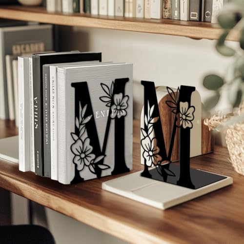 Peacoblue Metal Bookends for Shelves, Modern Decorative Heavy Duty Study Book Ends Stoppers for Office Desk Shelf, Room 5.3"x4.3"x7.1" Cast Iron Tall Bookends 1 Pair (Letter M with Flowers) - style: Letter M with Flower