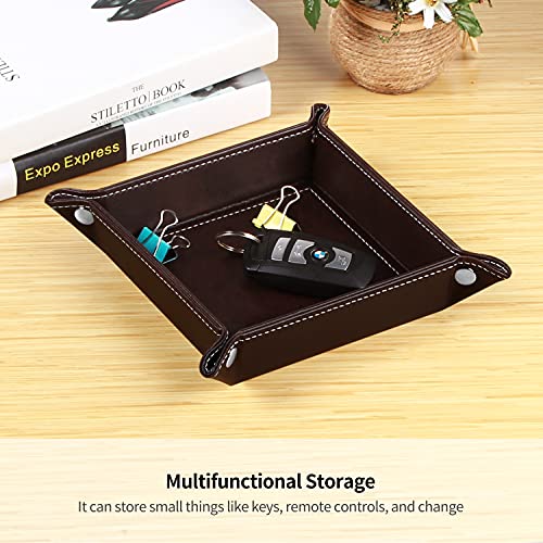 YAPISHI Key Dish Bowl for Men, Entryway Catchall Holder Bedside Table Valet Tray for Pocket Stuff, PU Leather Nightstand Organizer for Dice/Coins/Wallet/Watch/Rings/Sunglasses, Dresser/Coffee Table - color: Brown