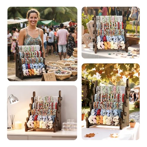 TOPNEW 5 Tier Wooden Bracelet Holder, Scrunchie Bangle Watch Necklace Display Storage Jewelry Holder Stand Display Organizer, Brown - color: 5 Tier Brown