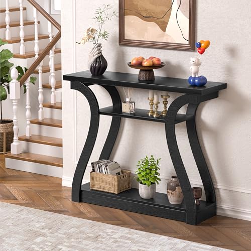 Wooden Console Table with Curved Legs and Shelf, 3-Tier Modern Accent Narrow Sofa Table for Entrance Area, Living Room, Hallway, 47 in Wide Wood Console Table for Entryway (Black) - color: Black