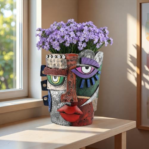 Picasso Abstract Face Flower Pot,Unique Resin Crafted Planter with Drainage Holes,Interesting Colorful Planter with Human face,for Indoor and Outdoor Botanical Home décor (Serious) - style: Serious